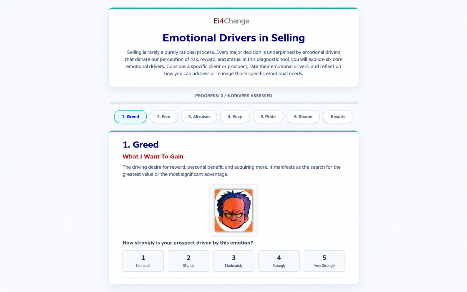 Interactive preview of the Emotional Drivers in Selling diagnostic assessing customer emotional factors