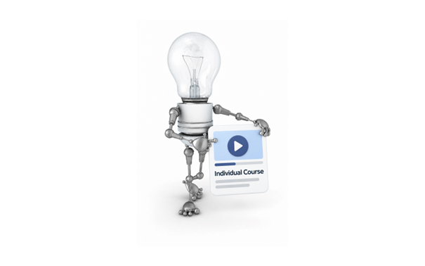 The Ei4Change lightbulb robot standing alongside an online course tablet, representing individual self-paced courses