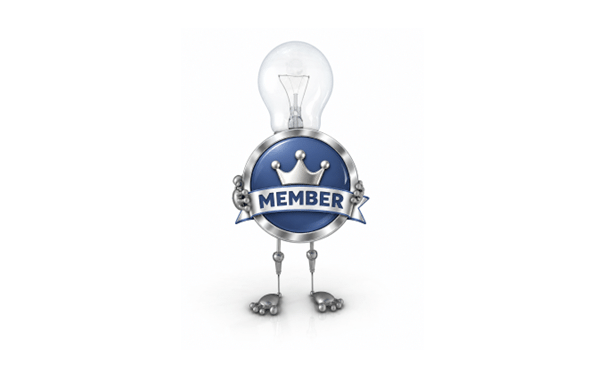 The Ei4Change lightbulb robot holding a crown membership medallion badge, representing ongoing membership and learning community access